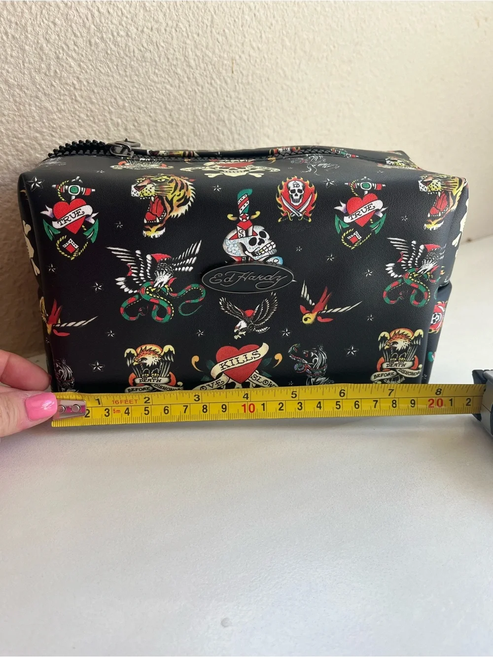 Ed Hardy Black Tattoo-Print Cosmetic Bag with Multicolor Motifs